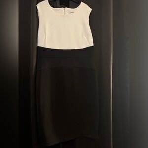 Calvin Klein sheath sleeveless dress white top/black bottom, gold zipper on back
